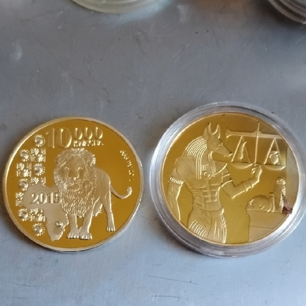 Gold Etched Coins with Lion and Anubis Designs(Mint)